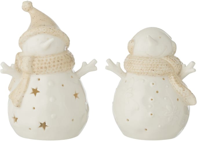 J-Line figuur Sneeuwpop - keramiek - wit/beige - small - 2 stuks - LED