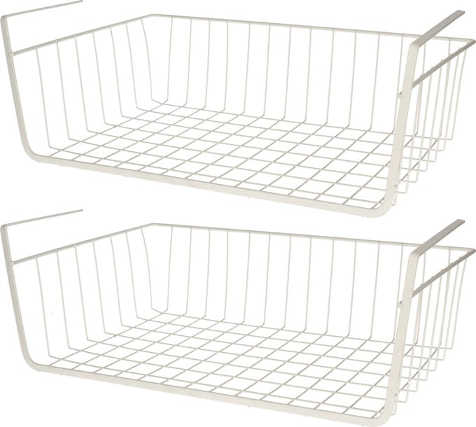 MSV Kastmandje - 2x - opberg/hang mandjes - rvs - wit - 30 x 27 x 16 cm - draadmand