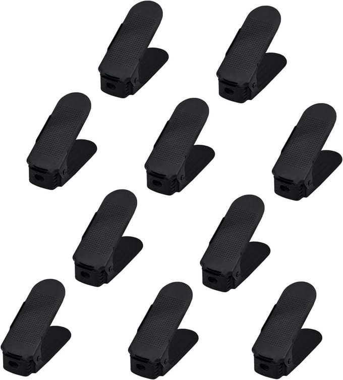 Famanu - 10 Pcs Adjustable Shoe Rack, PP Double Layer Shoe Organizer, Non-Slip Shoe Stacker, 3 Height Adjustable, Space Saving (Black, 10 Pieces)