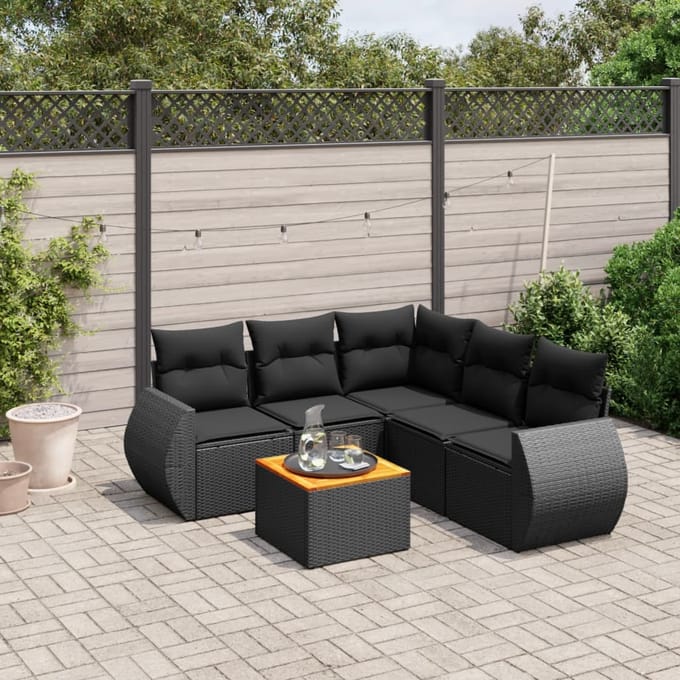 vidaXL - 6-delige - Loungeset - met - kussens - poly - rattan - zwart
