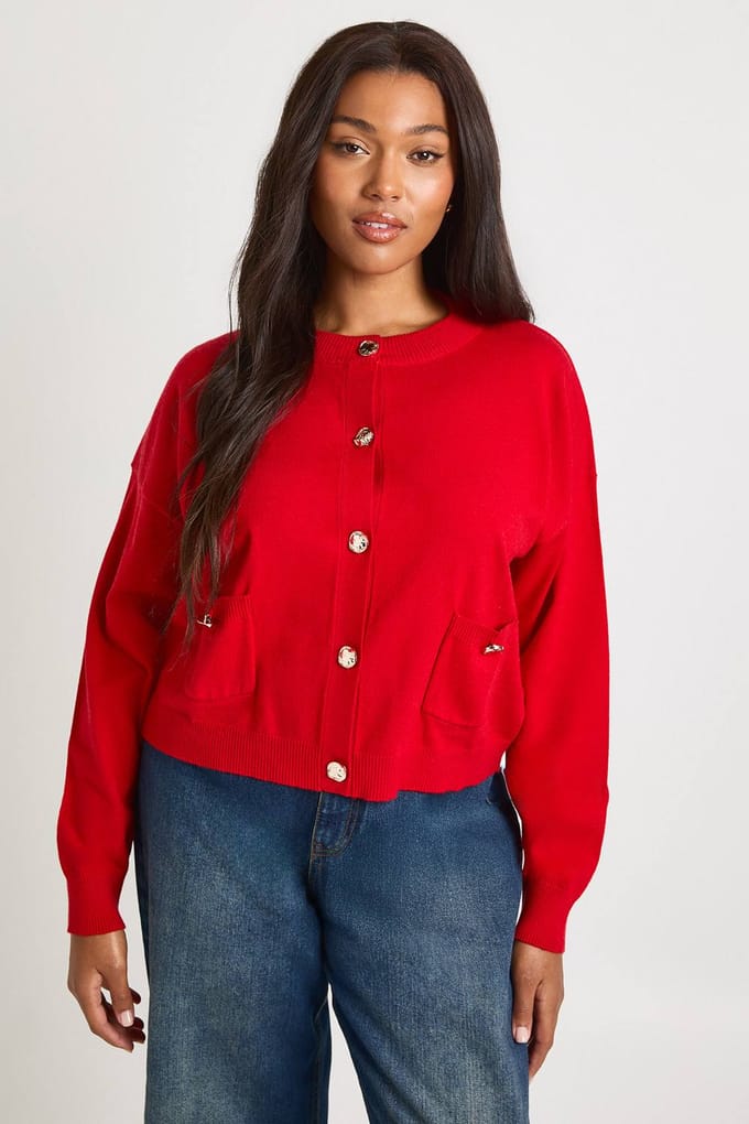 boohoo Dames Plus geribbelde gebreide cardigan met knopen | Rood | Maat: 56