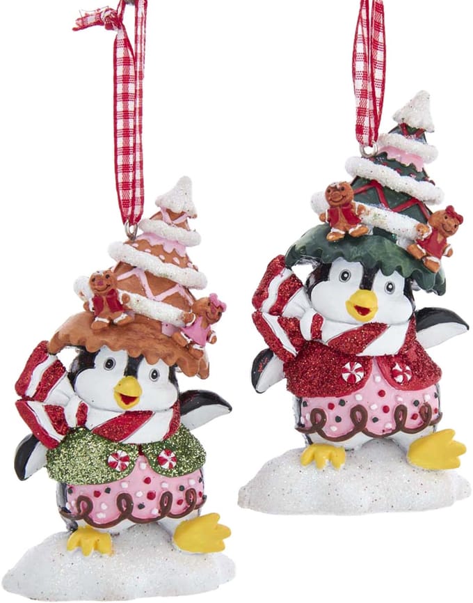 Kurt S. Adler Kerstornament - Pinguin met Gingerbread Hoed - set van 2 - rood wit zwart - 9cm