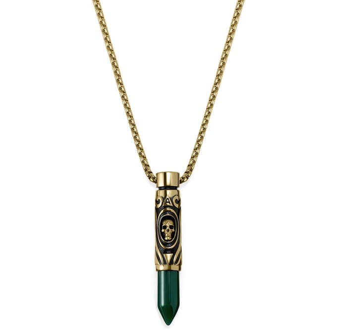 Rico Goudkleurige Ketting met Kogelhanger van Groene Onyx met Schedel
