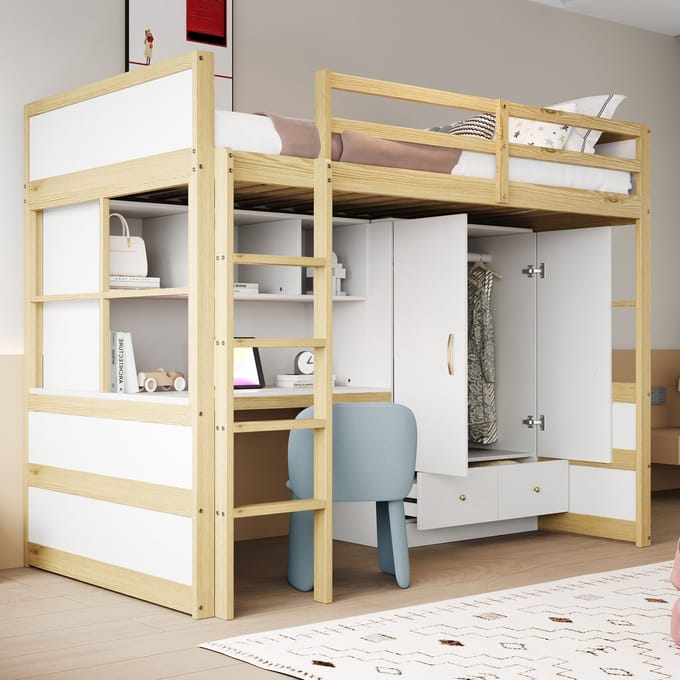 MODFU – Hoogslaper – 90x200 cm – Ladder, Bureau & Kledingkast – Natuurlijke Houtkleur