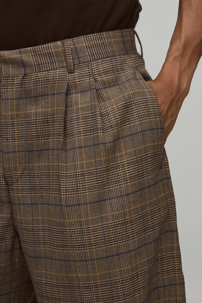Tailored Check Wide Leg Pleat Front Suit Shorts | Chocolate | Size 56