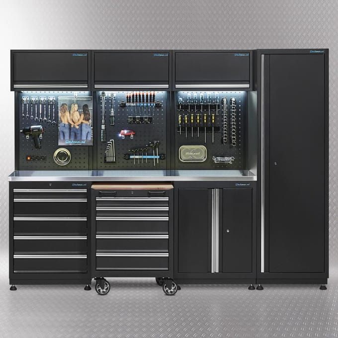 Datona® Werkplaatsinrichting PREMIUM met RVS werkblad 265 cm breed - Zwart