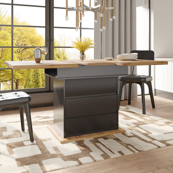 Wishdor Eettafel 110-140*80*75cm, uitschuifbaar MDF met magnetisch soft-close klep, zwart/naturel