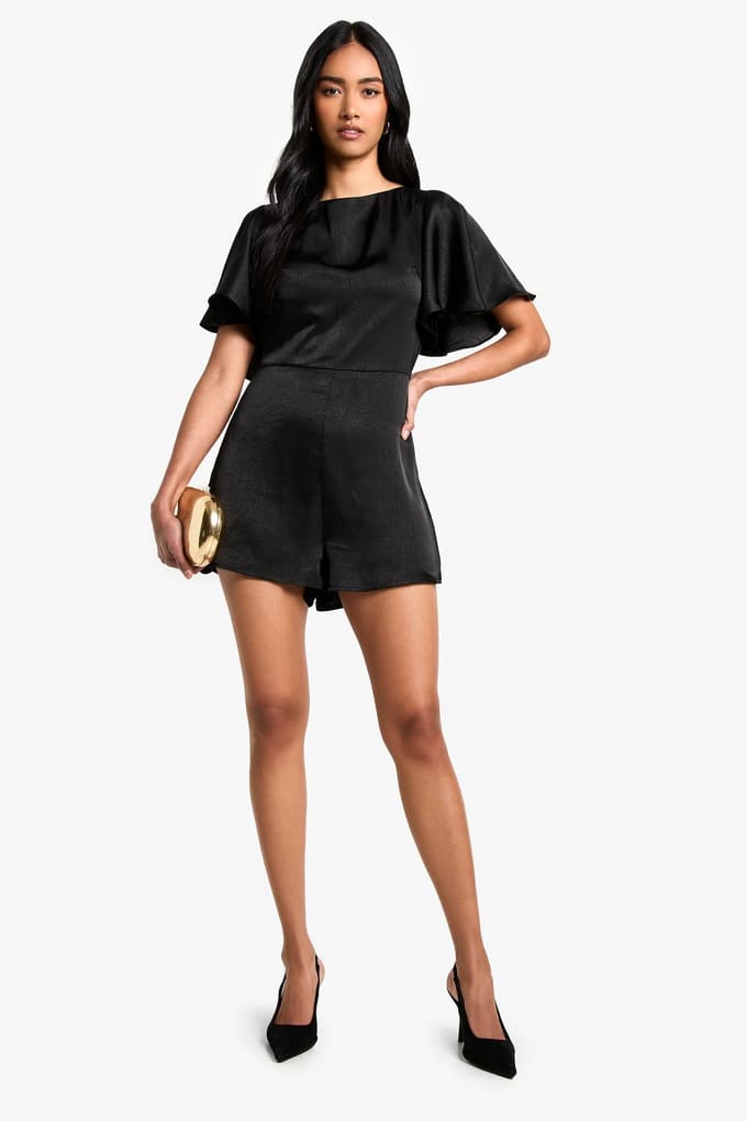 boohoo Dames Tie Back Angel Sleeve Playsuit | Black | Maat: 8