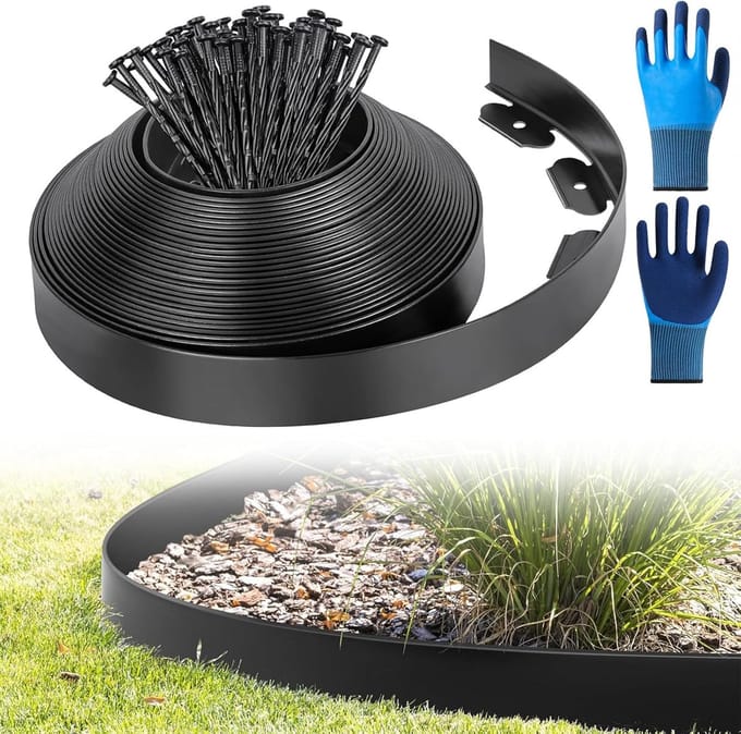 Allecta - Flexibele gazonrand, bloembedomranding kunststof 10 m x 5 cm zwart met 50 grondankers