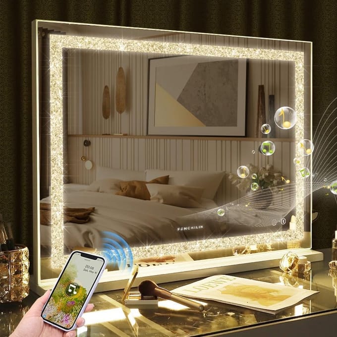 Hollywood Make-upspiegel met Verlichting - 80 x 60 cm, LED, Dimbare Lichtkleuren & Bluetooth Speaker
