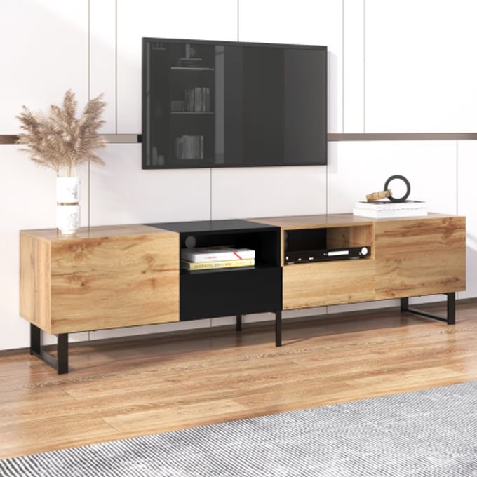 Moderne TV-Meubel met Zwart en Hout Design – Ruime Opbergruimte en Robuuste Constructie