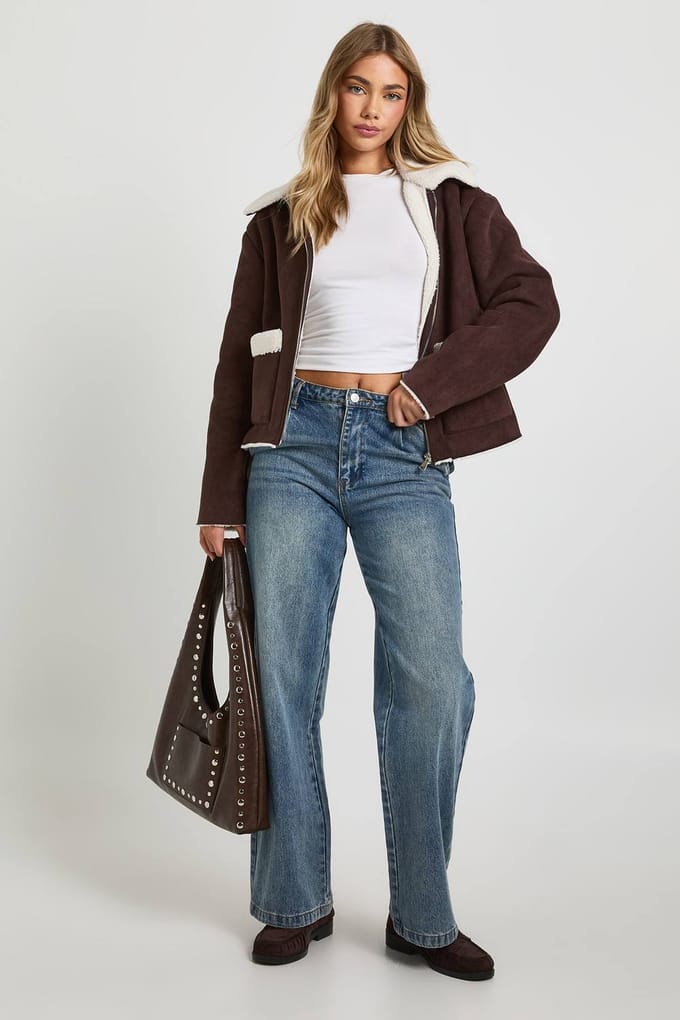 boohoo Dames Teddy Trim Namaaksuede Aviator | Chocolate | Maat: 14