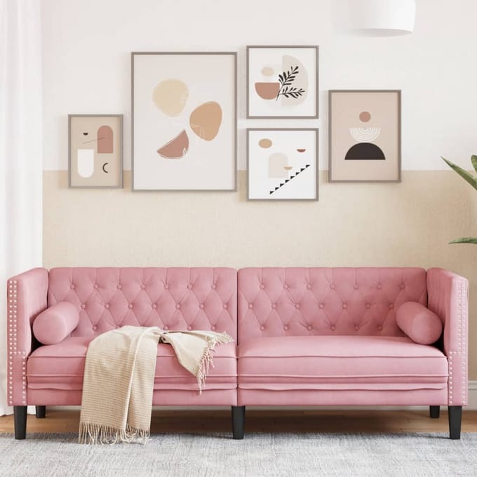 vidaXL - Driezitsbank - Chesterfield-stijl - met - bolsters - fluweel - roze