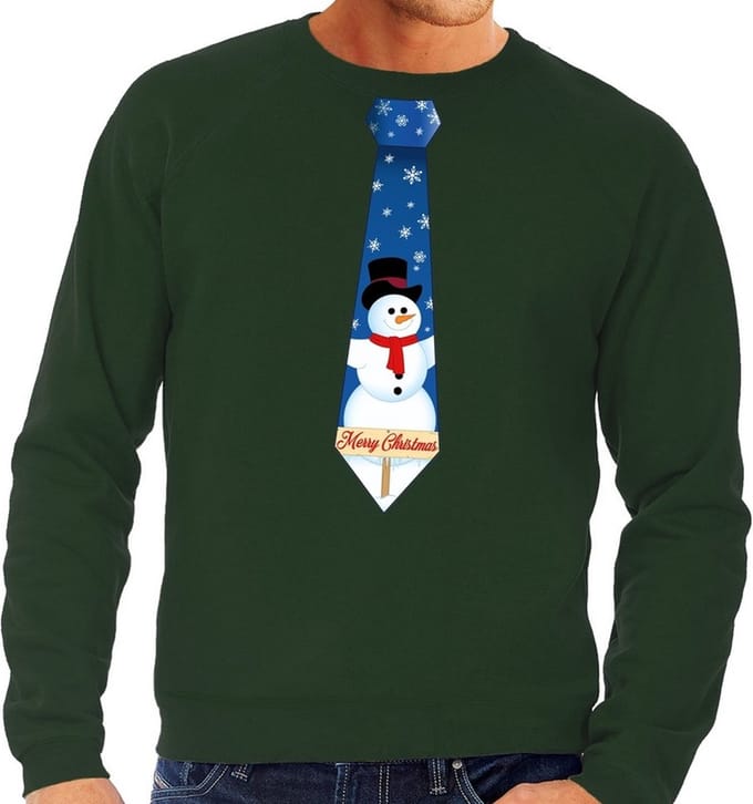 Foute kersttrui / sweater stropdas met sneeuwpop print groen voor heren M