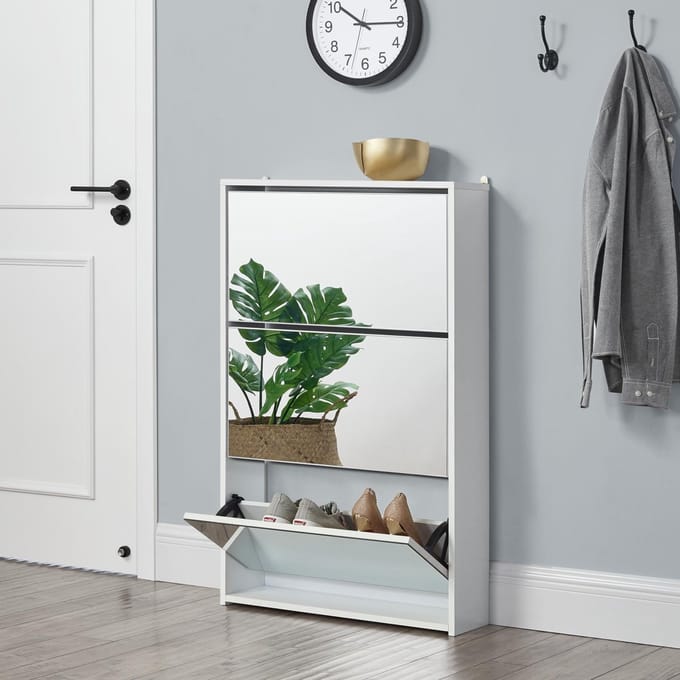 Schoenenkast met spiegels 3 vouwdeuren 102,5x63x17 cm wit