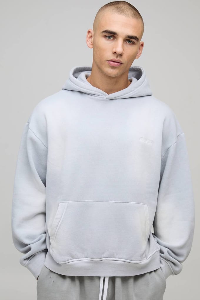 Oversized Boxy Spray Wash Men's Sport Geborduurde Hoodie | Grey | Size Medium