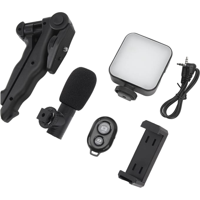 Kit vidéo vlog pour smartphone, éclairage LED, trépied, microphone, contrôleur, réduction du bruit black