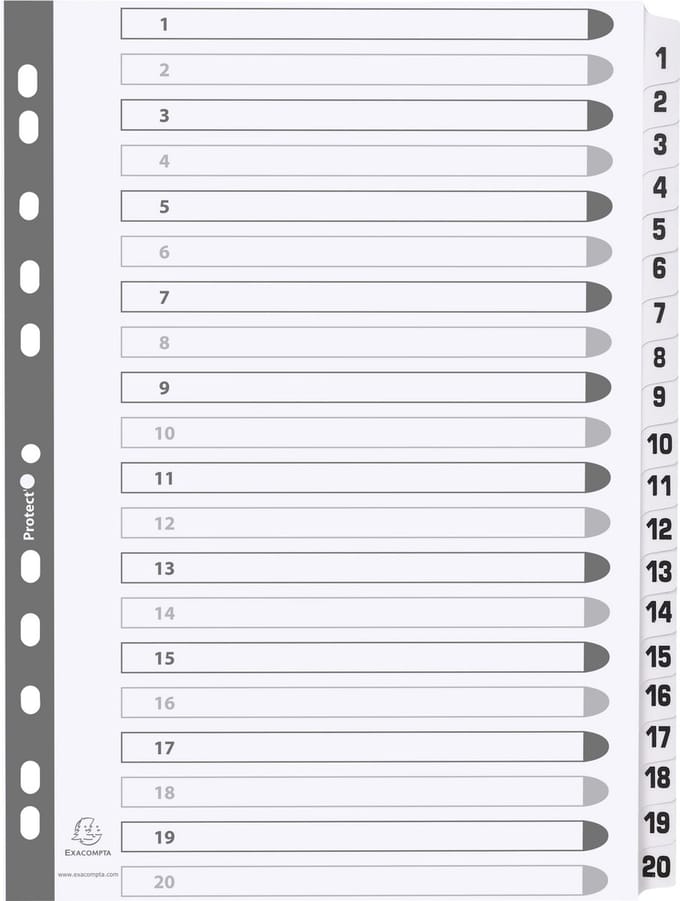Exacompta 15x Bedrukte tabbladen karton 160g - geplastificeerde tabs - 20 tabs - 1 tot 20 - A4 - Wit - MWD1-20Z