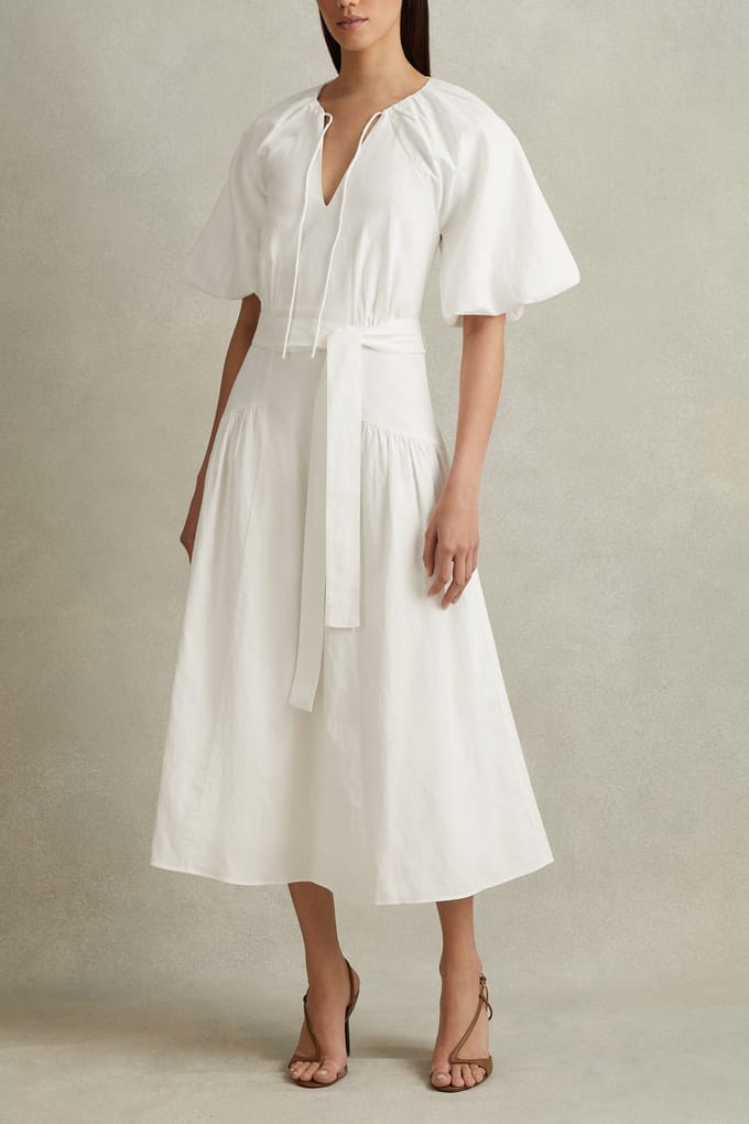 Reiss Cotton Puff Sleeve Dress White Größe: 4 | Midikleider Outlet | Damen | Weiß