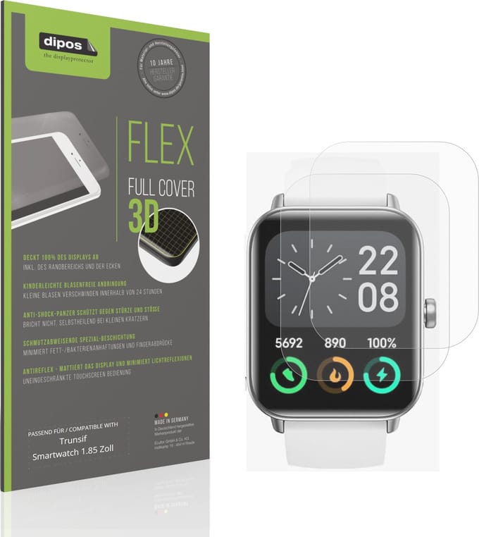 dipos FLEX – 2x Matte Screenprotector geschikt voor Trunsif Smartwatch 1.85 Zoll | Volledige Schermbescherming | Case-Friendly