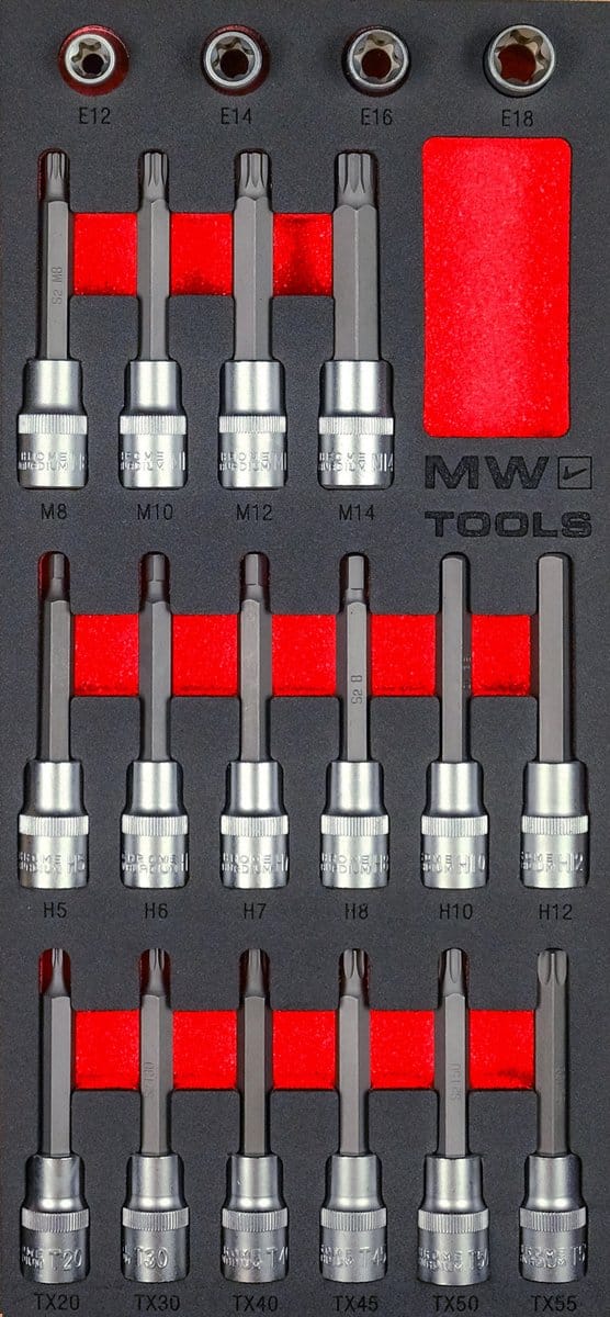 Dop-en dopbitsenset in foam tray 1/2 5- 16mm TORX- HEX- SPLINE 20 delig MW Tools MWDBI1220