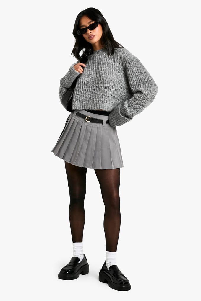 boohoo Dames Petite mini-rok met ceintuurdetail, geplooid en geweven | Grey | Maat: 12