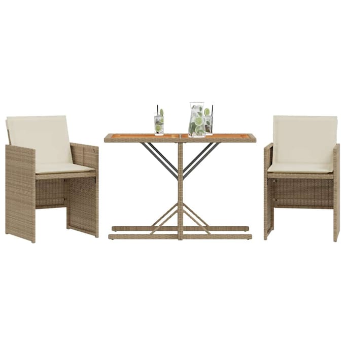 vidaXL - 3-delige - Bistroset - met - kussens - poly - rattan - beige