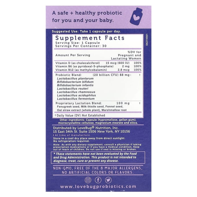 LoveBug Probiotics, probiotica voor postpartum vrouwen, 20 miljard CFU, 30 eenheden