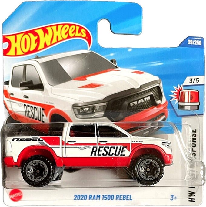 HOT WHEELS 2020 RAM 1500 REBEL RESCUE RED/WHITE 39/250 HW FIRST RESPONSE 3/5 1:64
