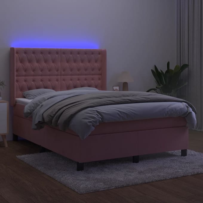vidaXL - Boxspring - met - matras - en - LED - fluweel - roze - 140x190 - cm