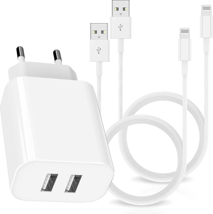Dual USB-A Oplader + 2x 8 pin Kabel – Geschikt voor Apple iPhone - 1 Meter - USB Stekker – Snellader – Fast Charger - Dubbele USB Stekker – USB A - 12W - Wit