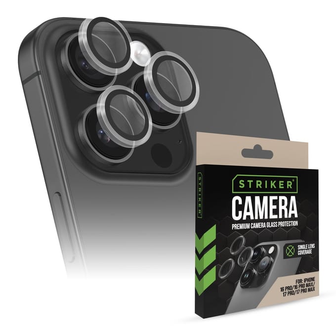 Striker Screenprotector geschikt voor Apple iPhone 16 Pro Glazen | Striker Single Lens Camera Lens Protector - Case Friendly - Zwart