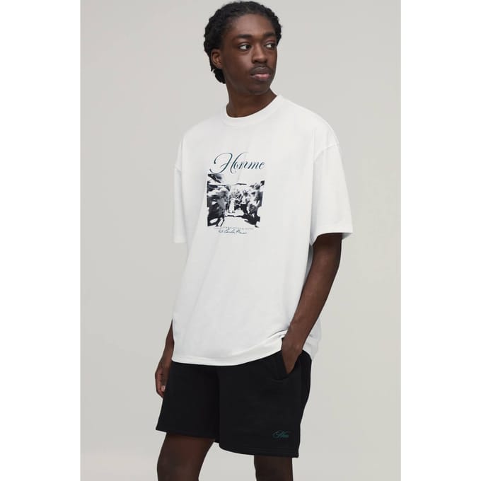Homme Print Oversized T-Shirt & Baggy Jersey Short Set | White | Size Medium