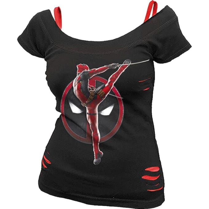 Deadpool T-shirt - Deadpool - Pose - 2 in1 Red Ripped Top - L - voor Vrouwen - zwart