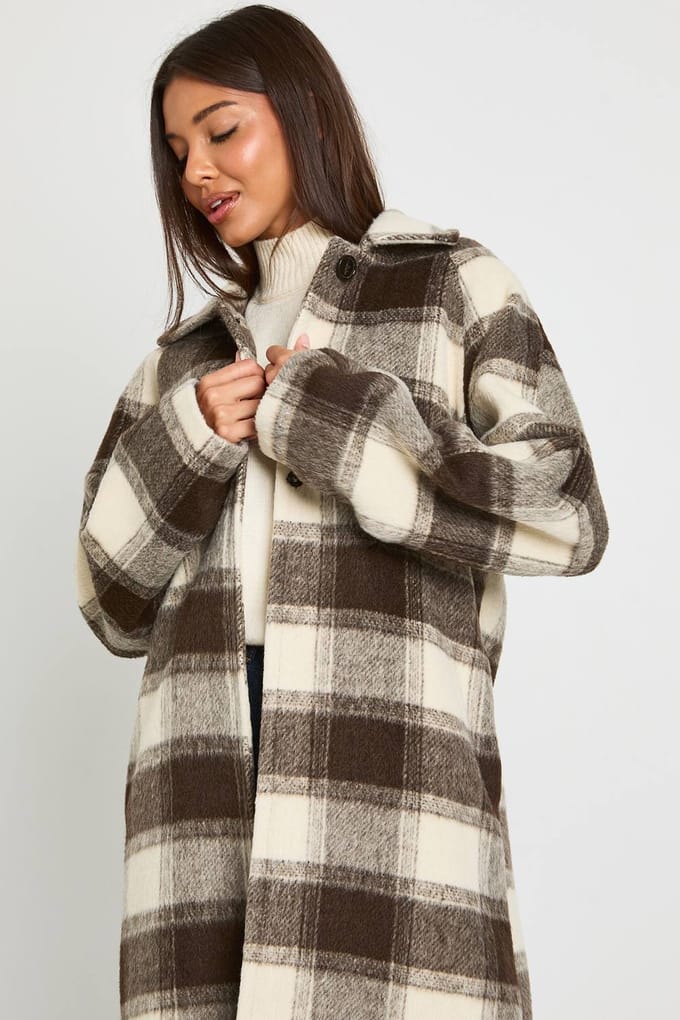 boohoo Dames Oversized geruite wollen look coat | Brown | Maat: 8