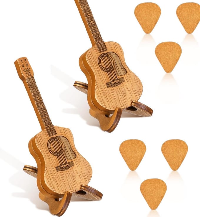 Houten Plectrum Houder met Set van 6 Mini Plectrums en Standaard