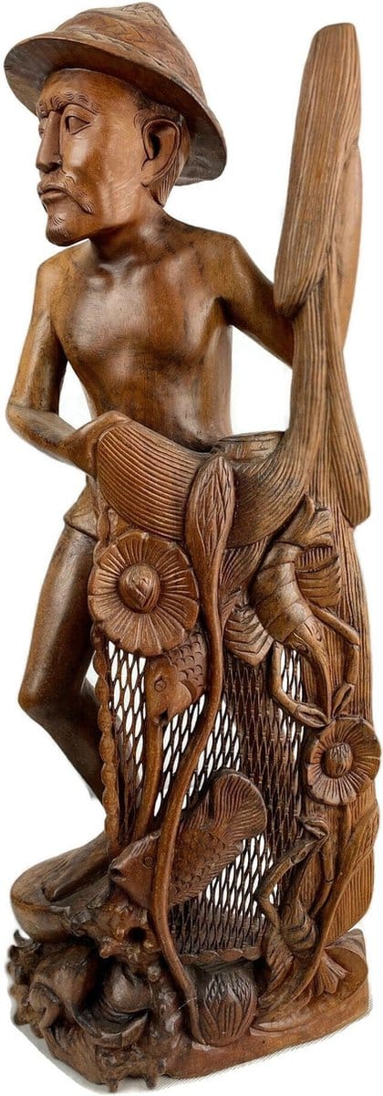 Visser met vis / Handgemaakte houten beeld / Indonesisch hout