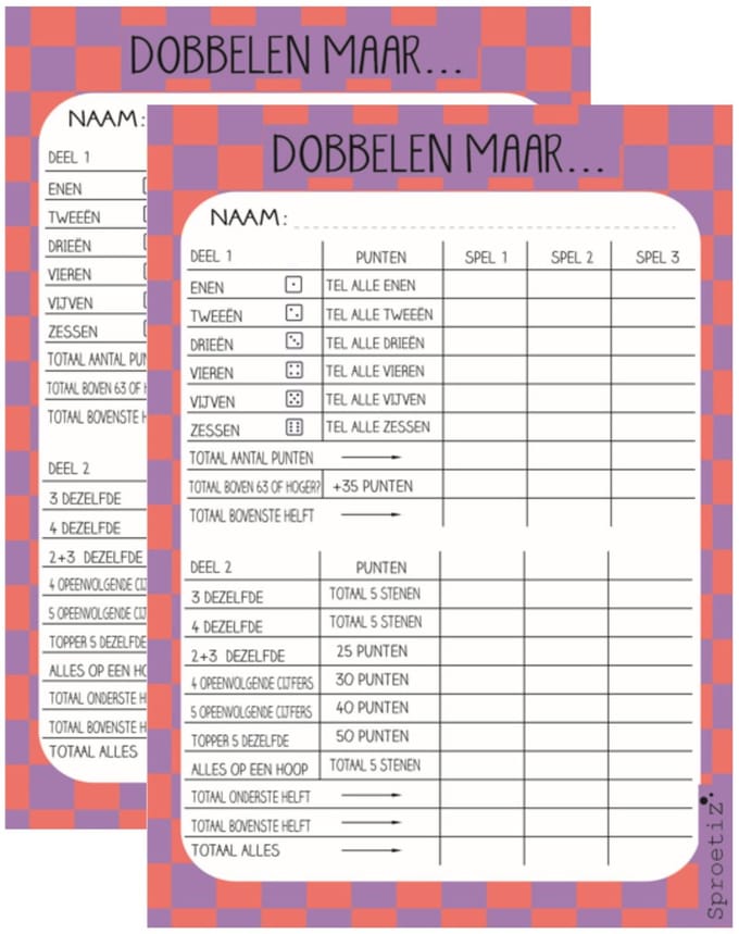 Dobbelblok - Yahtzee scoreblok - gedessineerd - ruit - 2 stuks