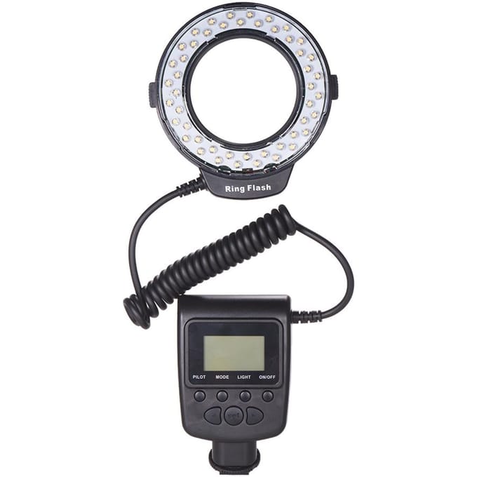 HD 130 Macro LED Ringflitser LCD Display 3000 15000K GN15 Vermogensregeling met 3 Flitsdiffusoren 8 Adapterringen voor zwart