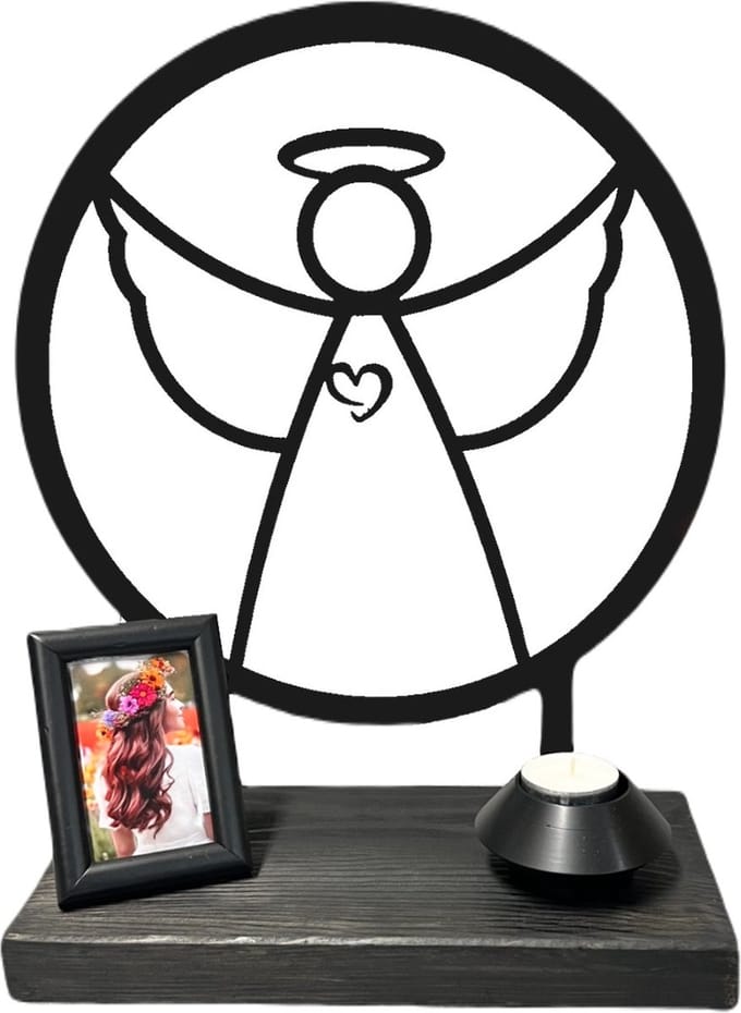 Mini urn  engel -  2 mm gecoat staal (zwart) - massief houten sokkel