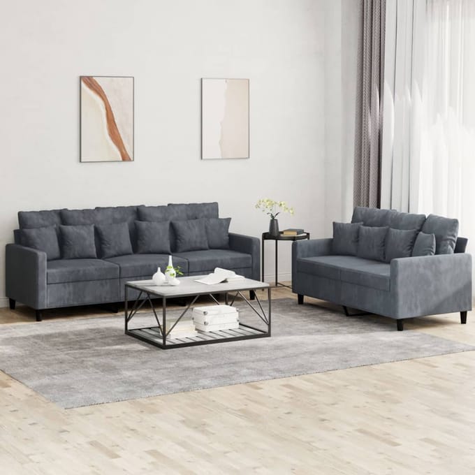 vidaXL - 2-delige - Loungeset - met - kussens - fluweel - donkergrijs