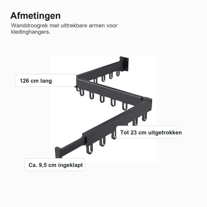 Wanddroogrek - zwart - inklapbaar - 18 haken - 126 cm