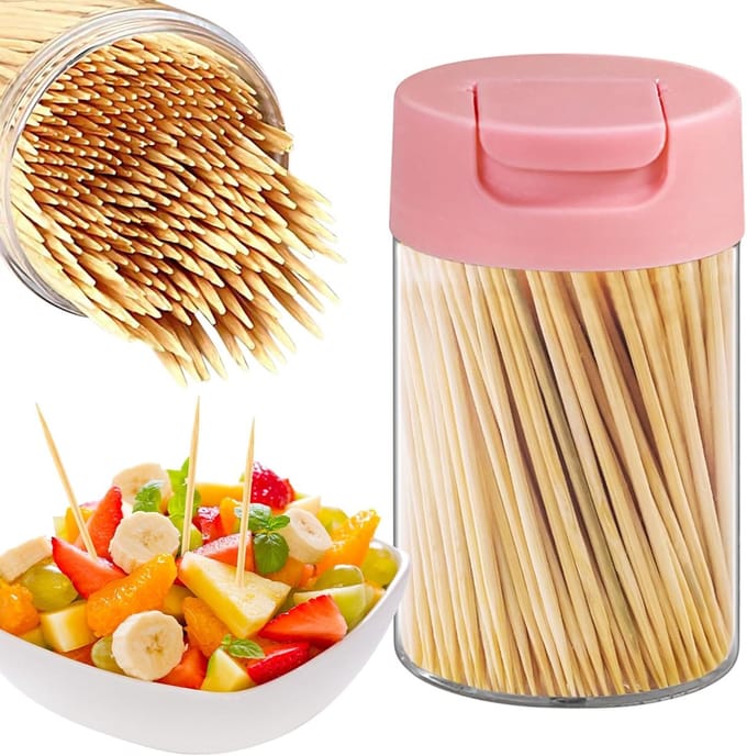 Bamboe Tandenstokers - Dubbele Punt - Eten Prikken - Herbruikbare Houder - 5 Pack - Roze