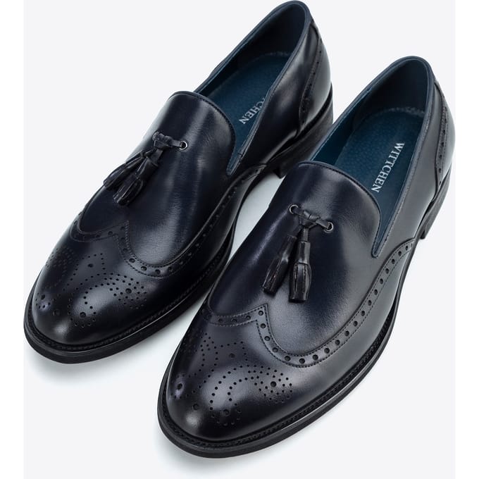 Wittchen Heren Leren Mocassins met Perforaties Marineblauw, Natuurlijk Leer