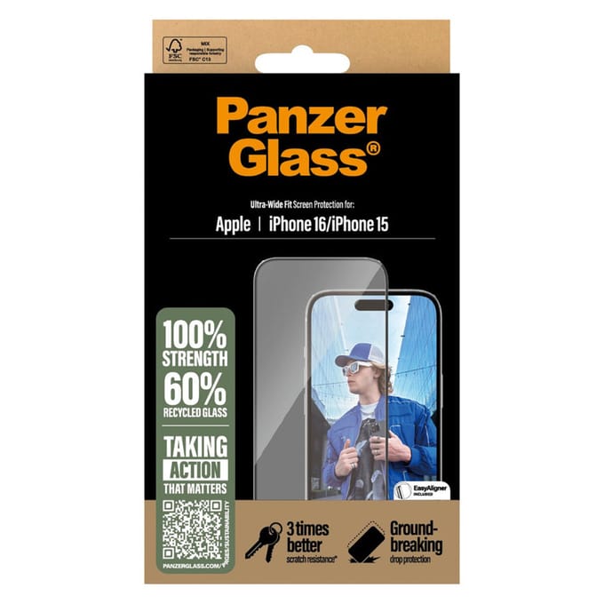 PanzerGlass Screenprotector geschikt voor Apple iPhone 16 Glazen | PanzerGlass Ultra-Wide Fit Screenprotector - Case Friendly