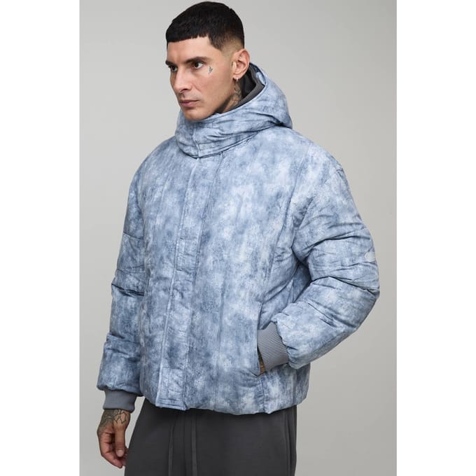 Tall Oversized Fit Gewassen Nylon Kap met Trechternek en Duvet Pufferjas | Grey | Size Medium