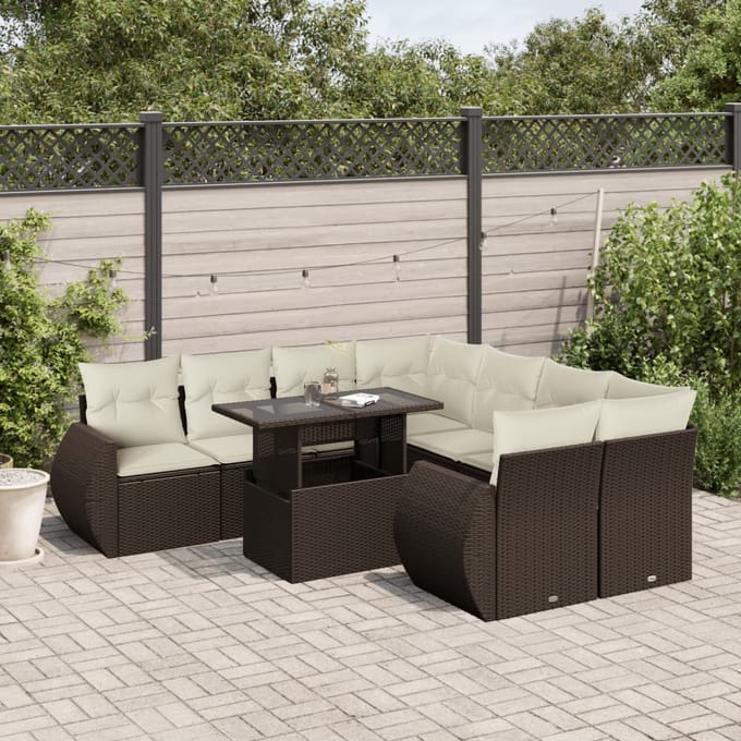vidaXL - 9-delige - Loungeset - met - kussens - poly - rattan - bruin