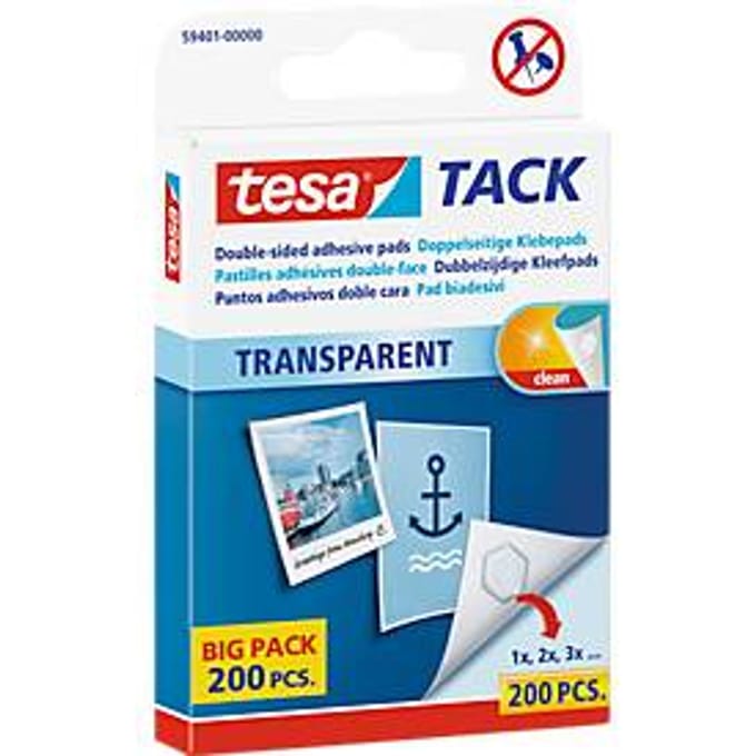 tesa Tack® kleefpads, transparant, dubbelzijdig klevend, 200 stuks