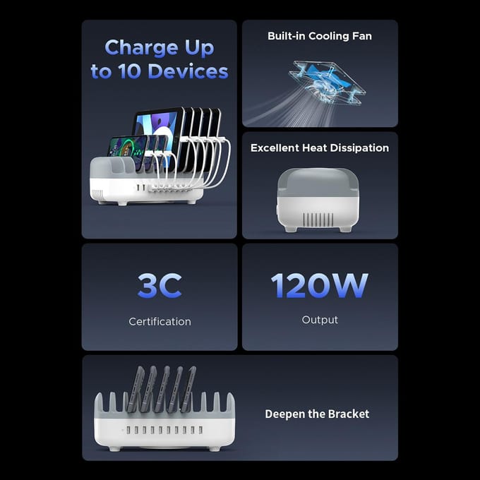Intelligent oplaadstation DUK-10P-V1 voor telefoons en tablets 10x USB-A - wit