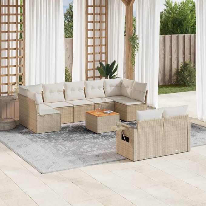 vidaXL - 10-delige - Loungeset - met - kussens - poly - rattan - beige